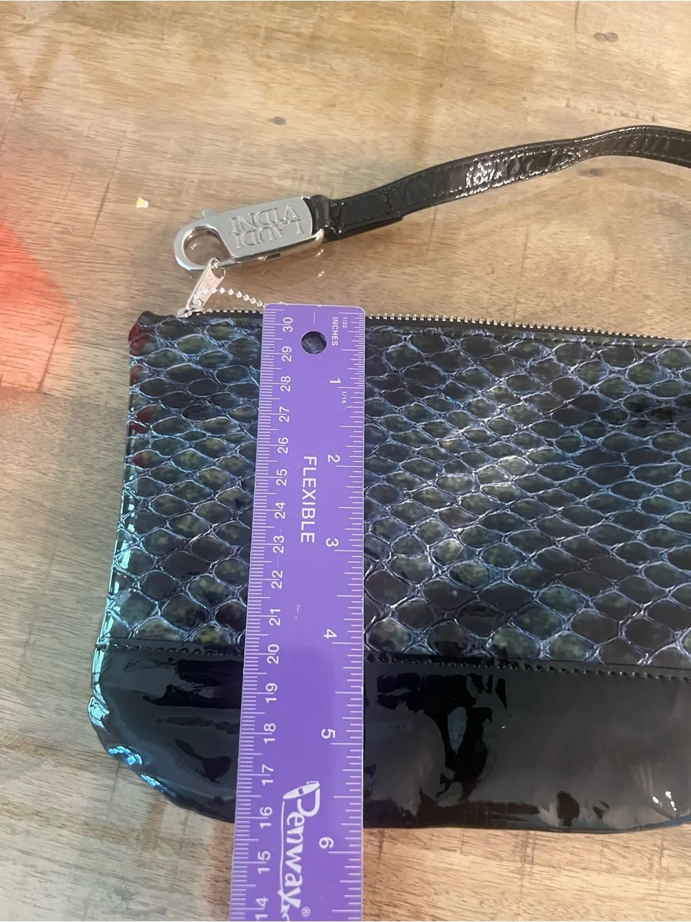 Custom wristlet purse by Laudi Vidni, Black Patent & Iridescent Snake-Print